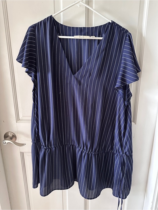 Sejour Tops - Sejour Navy Blue & White Stripe V-Neck Peplum Blouse Plus Size 18W